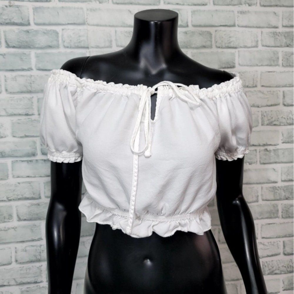 John Galt‎ Womens OS Lightweight White Cotton Drawstring Short Sleeve Crop Top